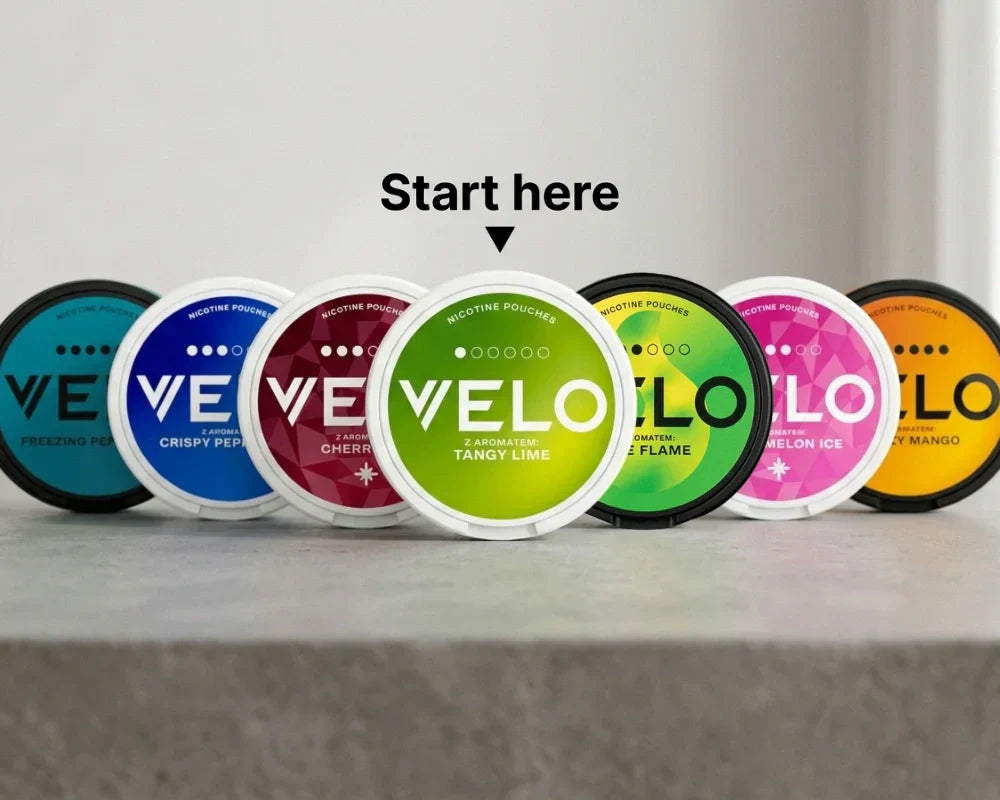 Row of VELO nicotine pouch cans in different flavours with a Start here arrow pointing at the mildest one