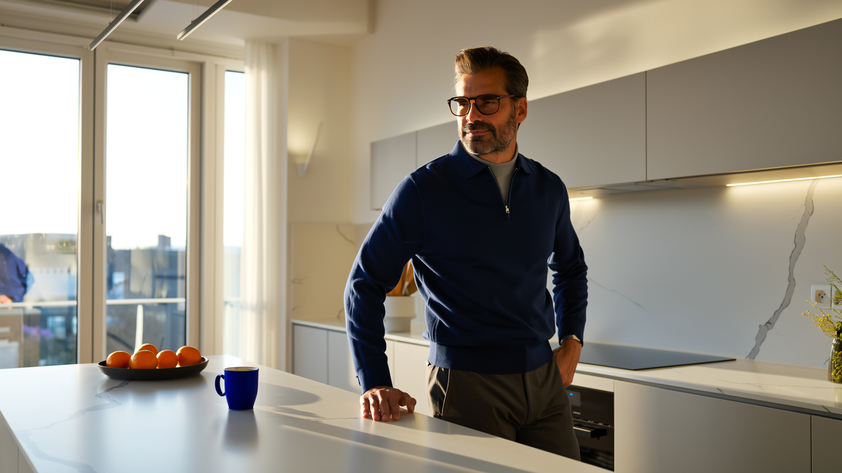 Man standing in a bright modern kitchen looking out of the window