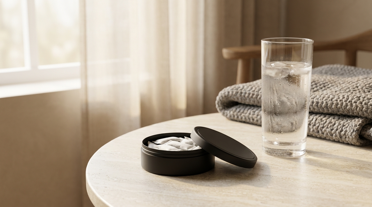 Open nicotine pouch can on a table next to a glass of iced water and a folded blanket