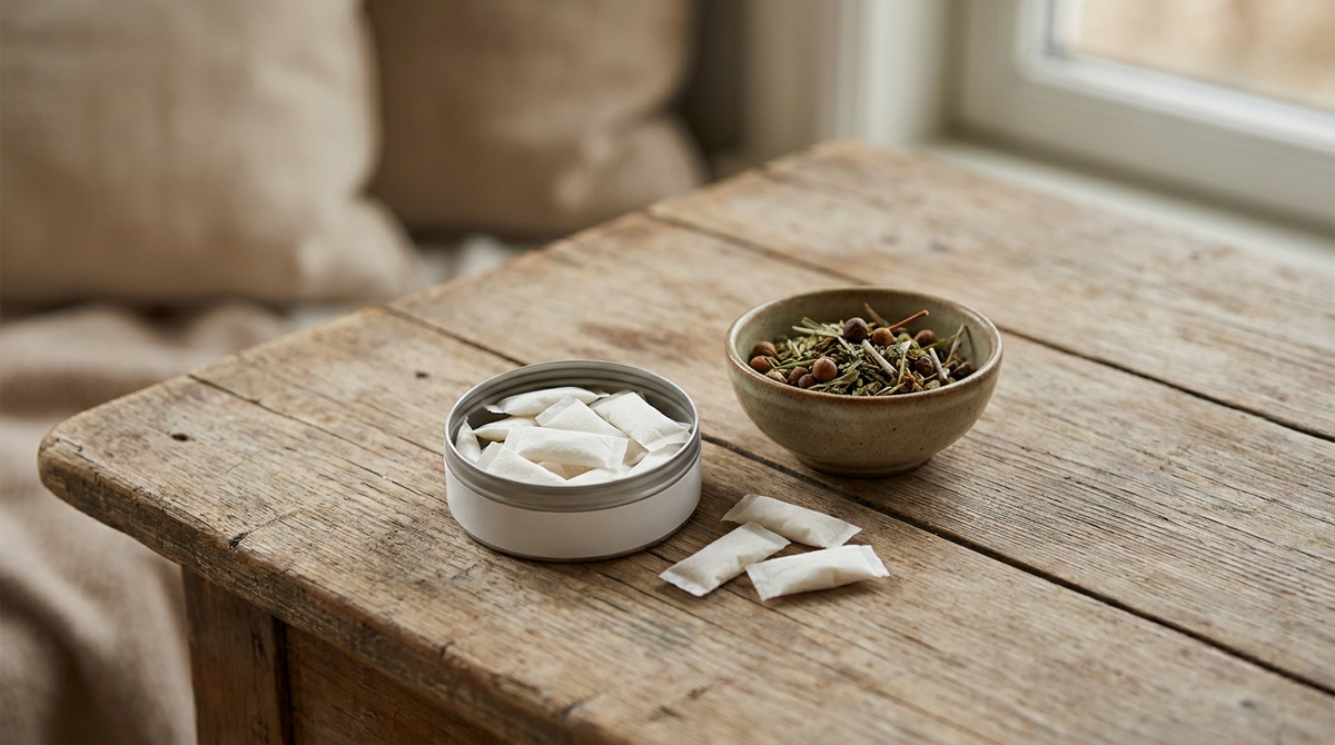 Open tin of white nicotine pouches on a weathered wooden bench beside a bowl of dried herbs and berries