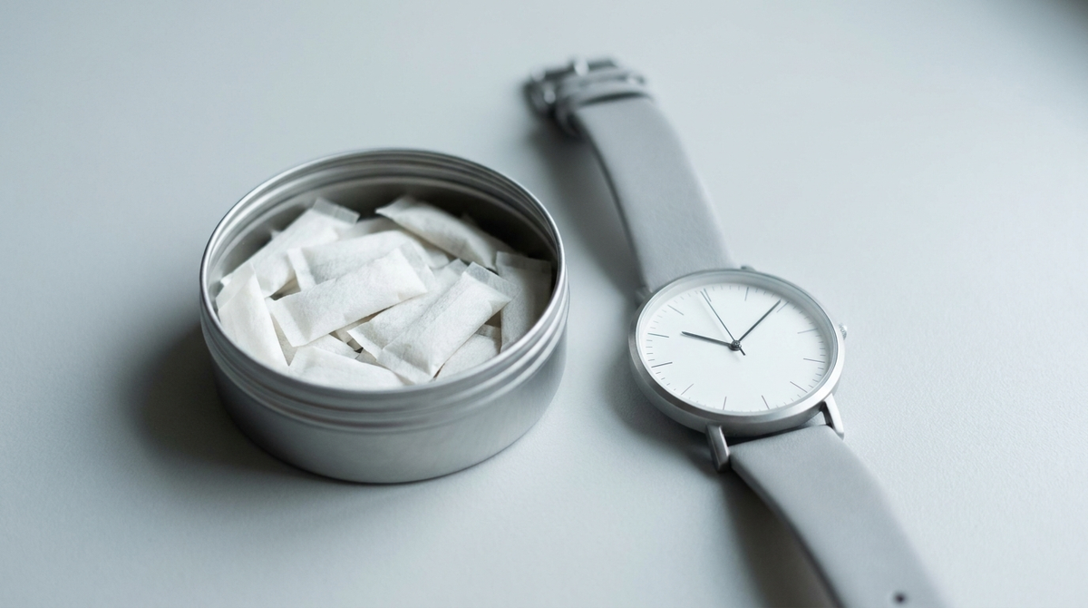 Open tin of white nicotine pouches next to a minimalist wristwatch