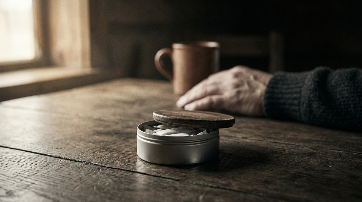 Open nicotine pouch can on a dark wooden table with a hand and a mug in the background