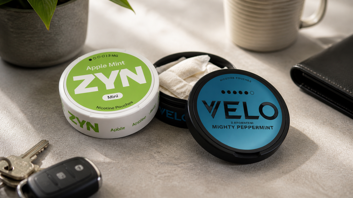 A ZYN Apple Mint can and a VELO Mighty Peppermint can with an open can, car keys and a wallet on a worktop