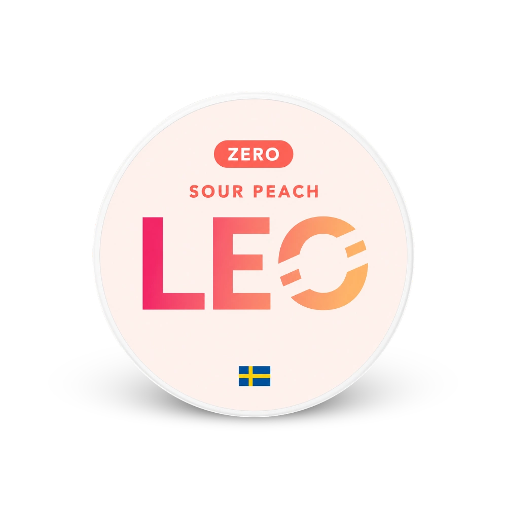 LEO Sour Peach Zero – can of nicotine pouches
