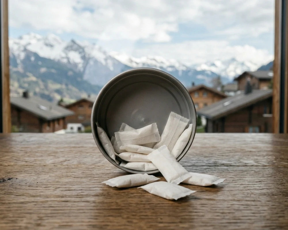 Open can of white nicotine pouches on a wooden table in front of a Swiss alpine village and snow-covered mountains