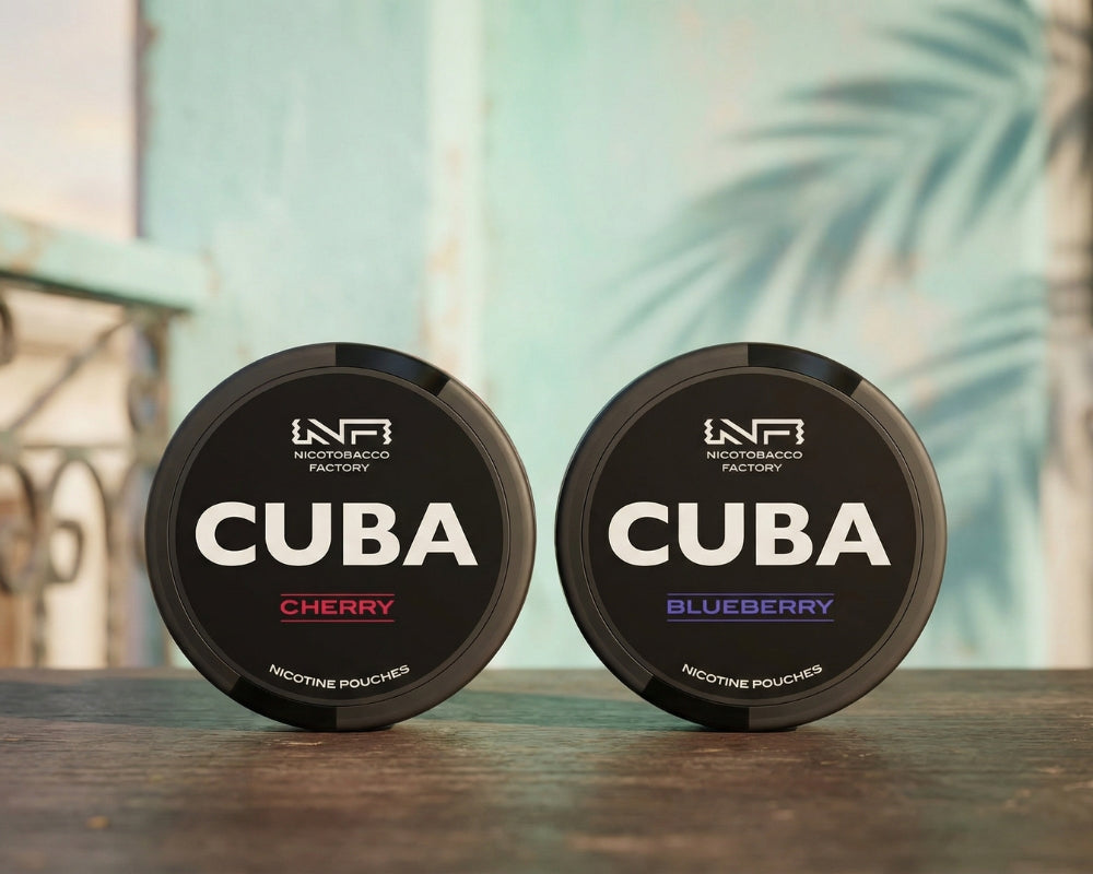 Cuba Cherry and Blueberry nicotine pouches by Nicotobacco Factory in black cans